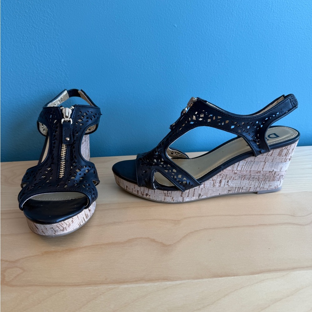 Elegant Black Wedge Sandals with Cork Heel - size 9.5